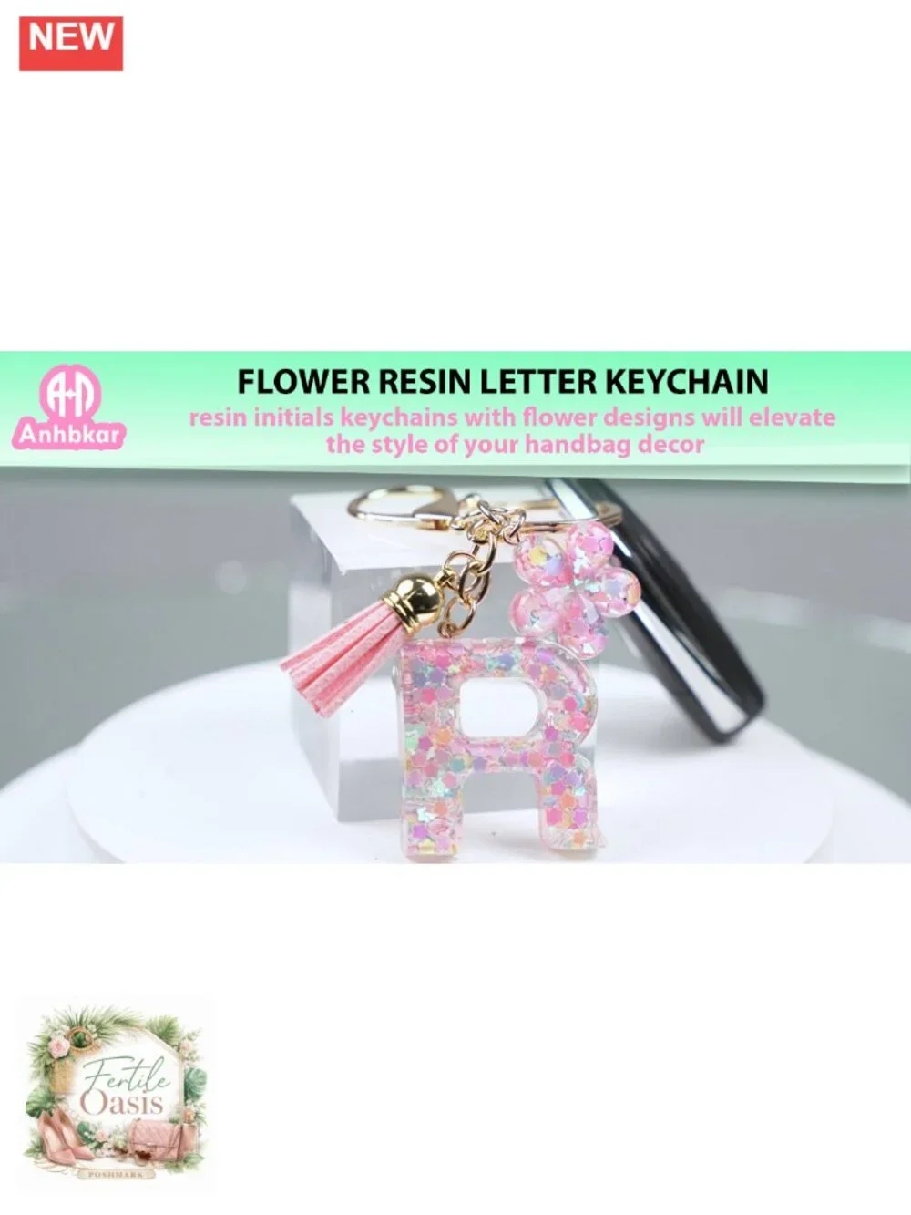 Personalized Initial Letter Bag Charm Keychain Resin Floral Tassel Cute Gift